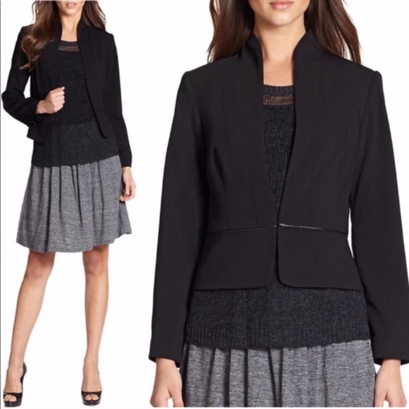 Eileen Fisher Size M Blazer Black Jacket Peplum Hem Leather Trim - Picture 1 of 9